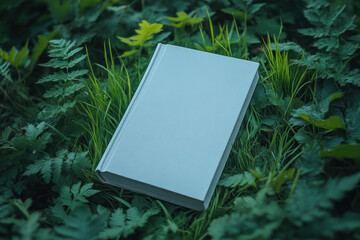 Blank Book Rests Peacefully in Lush Green Grass and Plants