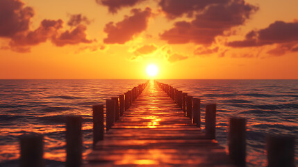 A long wooden pier with a sunset in the background