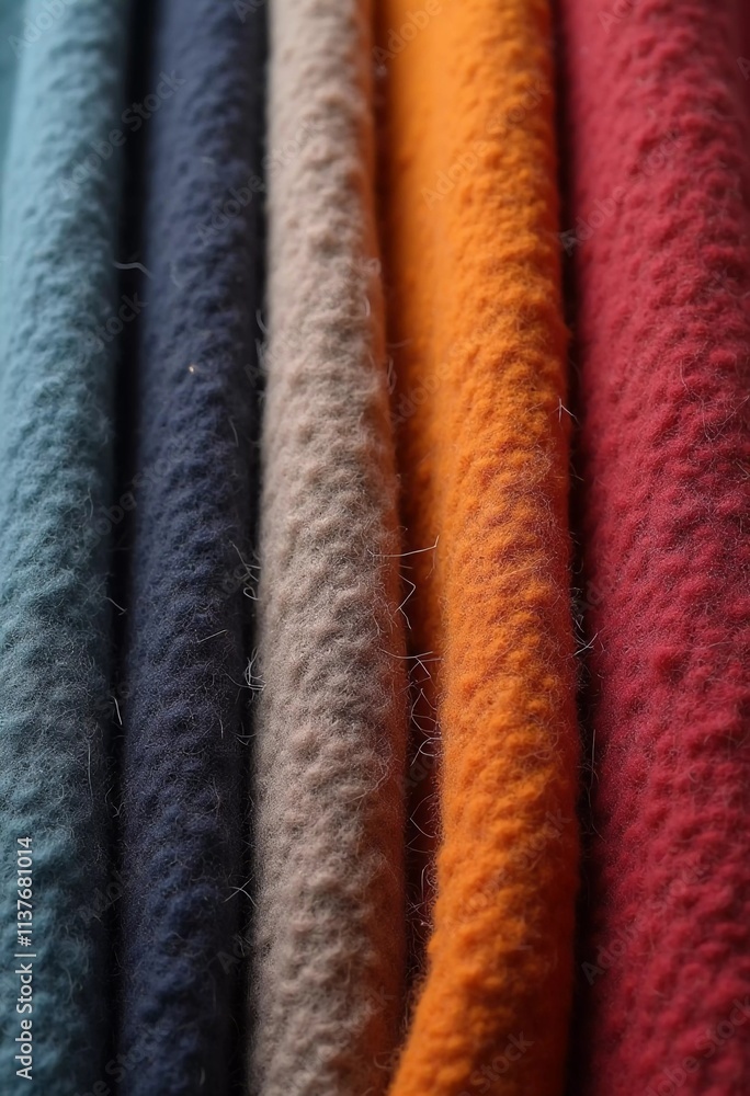 Poster various samples of woolen fabric in different colors are neatly organized, showcasing a vibrant pale