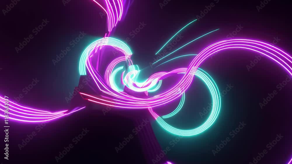 Poster dynamic neon swirl with glowing lines moving in a circular pattern in a dark background