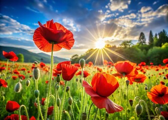 Naklejka premium Stunning Red Poppy Field Photography: High-Resolution Images, Deep Depth of Field, Vibrant Blooms