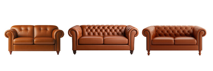 Fototapeta premium A collection of three luxurious leather sofas in varying sizes and designs, showcasing elegant tufted details and a rich brown color.