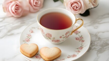 Fototapeta premium A delicate tea cup with rosy floral patterns, accompanied by heart-shaped cookies and soft pink roses on a marble surface.