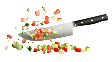 Chopping vegetables with a sharp knife creating a vibrant mixture in a kitchen setting.