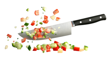 Chopping vegetables with a sharp knife creating a vibrant mixture in a kitchen setting.