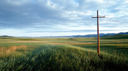 Obraz premium Lone Power Pole in Expansive Grassland Under Dramatic Sky