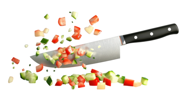 Chopping vegetables with a sharp knife creating a vibrant mixture in a kitchen setting.
