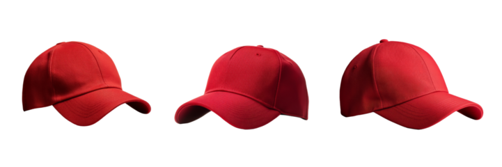 A series of three red baseball caps displayed from different angles.