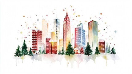 A Festive Watercolor Cityscape: Holiday Cheer in the Metropolis
