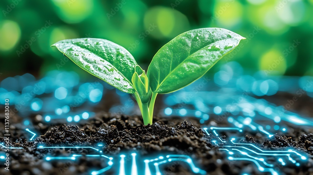Aufkleber new life emerging from soil with modern technology represented by circuit pattern in green backgroun