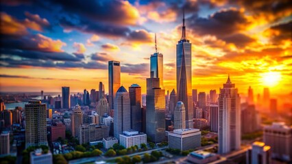 Stunning Tilt-Shift Cityscape of Twin Towers at Sunset, Capturing the Vibrant Colors of the Sky and the Urban Landscape in a Miniature Effect Perfect for Travel and Architecture Themes