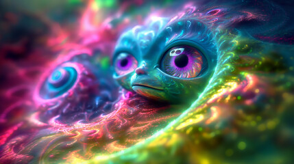 Colorful, fantastical creature with expressive eyes in a surreal, vibrant setting.
