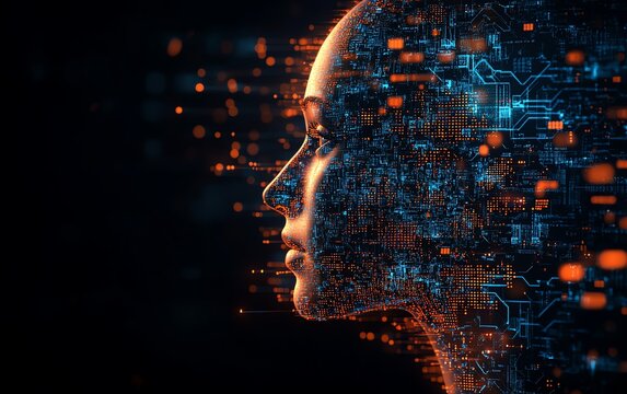 A digital human face constructed with flowing binary code and intricate circuit board elements