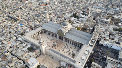 Aerial view of the historical Umayyad Mosque in Damascus. 