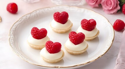 Delicious mini desserts topped with raspberry hearts, beautifully arranged on a fine plate, perfect for celebrations or special occasions.
