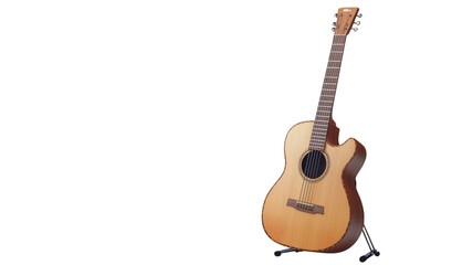 Acoustic guitar on a stand showcasing intricate craftsmanship in a well-lit environment.