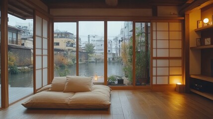 Tranquil Japanese Room Overlooking Serene Waterway with Cozy Seating Area