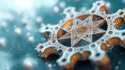 A close up image of an intricate geometric pattern symbol, featuring fractal elements and pentagram shapes intertwined with astrology symbols