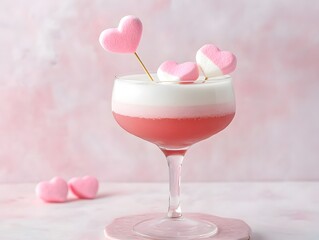 A delightful pink cocktail topped with heart-shaped marshmallows, set against a soft pastel background.