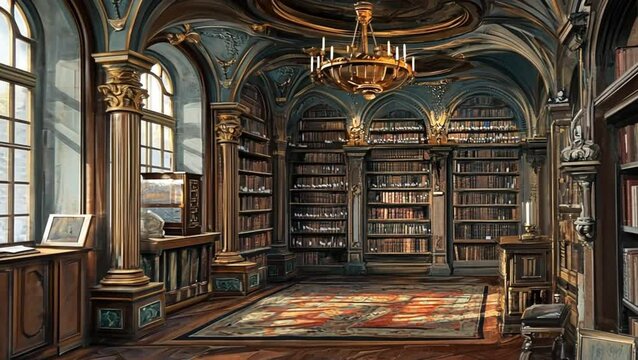 A lavish antique library filled with countless books. The room exudes elegance and history with its grand design and rich details.