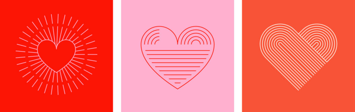 Bohemian Valentines day abstract linear art hearts. Minimalist geometric Valentines heart symbols, elements. Love, wedding, valentines concept illustration