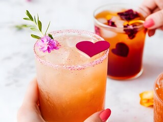 Two colorful cocktails adorned with flowers and heart-shaped garnishes, perfect for celebrations or special occasions.