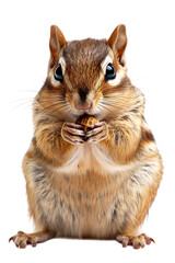 Fototapeta premium Cute chipmunk holds a small nut with its paws while looking directly forward, isolated on a pure transparent background for wildlife concepts.