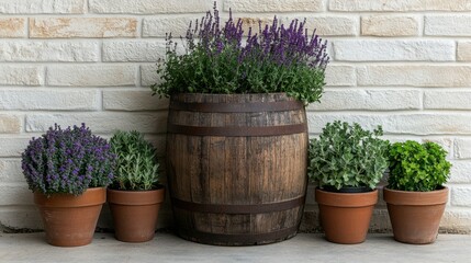 Fototapeta premium Neatly arranged potted plants encircle a rustic barrel against a white brick wall, showcasing a harmony of greenery and a touch of rural charm.