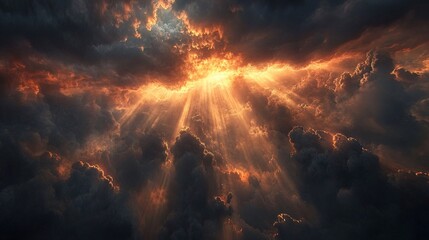 Dramatic Sky with Dark Clouds and Brilliant Sunbeams Breaking Through Overhead in a Stunning Display of Natural Light and Atmospheric Phenomena