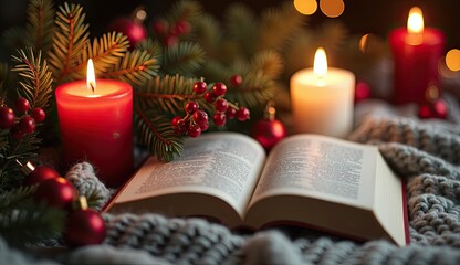 An open book rests on a cozy blanket surrounded by lit candles Christmas ornaments