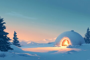 Obraz premium Snowy landscape, igloo, firelight, tranquil winter scene.
