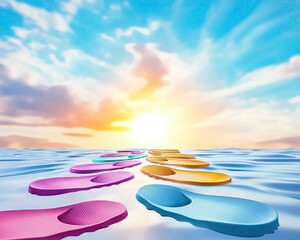 colorful footsteps to success, colorful footsteps journey toward colorful future, vibrant colorful footsteps in sunlight ,colorful footsteps to future, motivational journey art