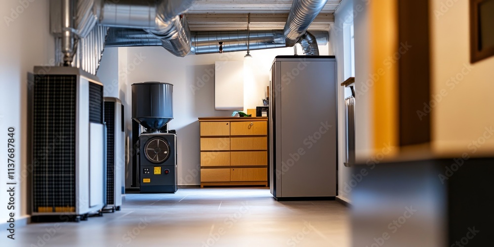 Poster a modern utility room featuring sleek appliances and organized storage. the setting is clean and wel