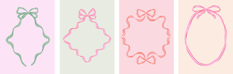 Vintage retro bows frames collection. Prints, greeting cards, wedding and birthday party, invitations. Hand drawn trendy coquette style