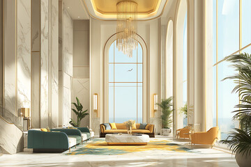 A Luxurious Hotel Lobby with High Ceilings and Grand Chandeliers.