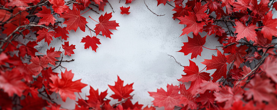 Canada Day maple leaves background. Falling red leaves for Canada Day 1st July. Happy Canada Day real maple leaves in shape of Canadian Flag. Branch with maple leaves. 