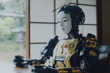 Elegant Geisha in Traditional Japanese Kimono Enjoying Tea Ceremony in Peaceful Zen Interior