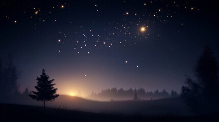 Fototapeta premium Stars illuminate the night sky over a tranquil landscape with silhouetted trees at dusk