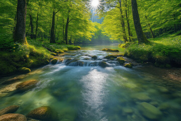 Obraz premium Sunlight Streams Through Trees onto Clear River Flowing Gently Through Forest
