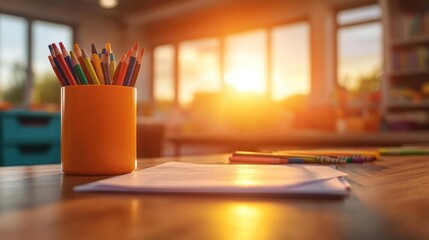 Creative Playtime with Colorful Crayons and Paper on Table. Generative AI