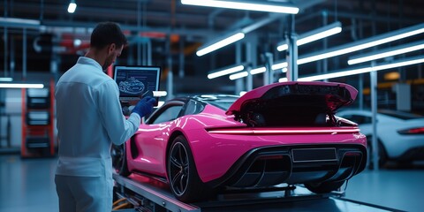 Obraz premium A man is working on a pink car in a factory. The car is on a lift and the man is looking at a computer screen. Scene is focused and serious, as the man is likely working on a complex project