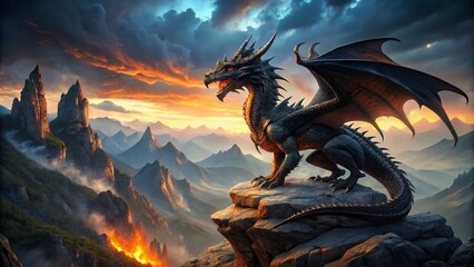 Majestic Black Dragon: Fantasy Art, Dark Dragon, Mythical Creature, Winged Serpent, Powerful Beast, Epic Illustration, Digital Painting, Rule of Thirds Composition