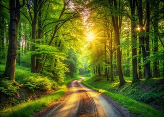 Obraz premium Summer Forest Dirt Road: Lush Green Canopy, Winding Path, Sunlight Dappled, Scenic Nature Photography