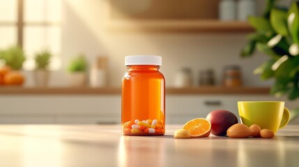 Family-Friendly Kitchen Scene with Children's Vitamins. Generative AI