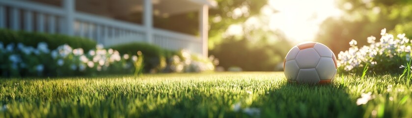 Exciting soccer ball action in a serene backyard grass environment evening light outdoor sports concept