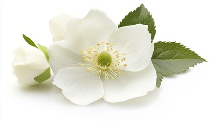 Delicate White Flower with Green Leaves - A Pristine Floral Beauty