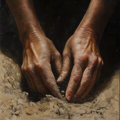 hands working in soil or sand close-up