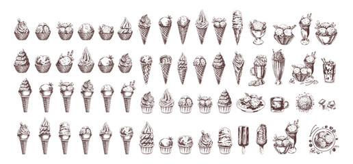 Big hand-drawn sketch of ice cream or frozen yoghurt in waffle cups and cones, milkshakes, ice cream on a stick, cookies. Element for labels, packaging and postcards. Sweet food.