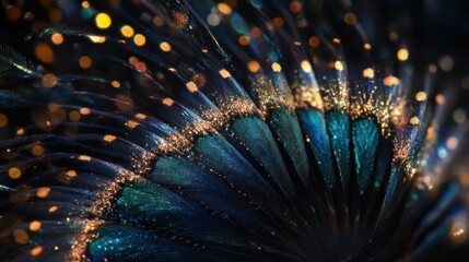 Obraz premium Abstract dark feather with gold bokeh.