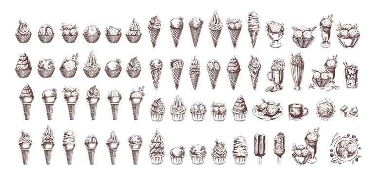 Big hand-drawn sketch of ice cream or frozen yoghurt in waffle cups and cones, milkshakes, ice cream on a stick, cookies. Element for labels, packaging and postcards. Sweet food.